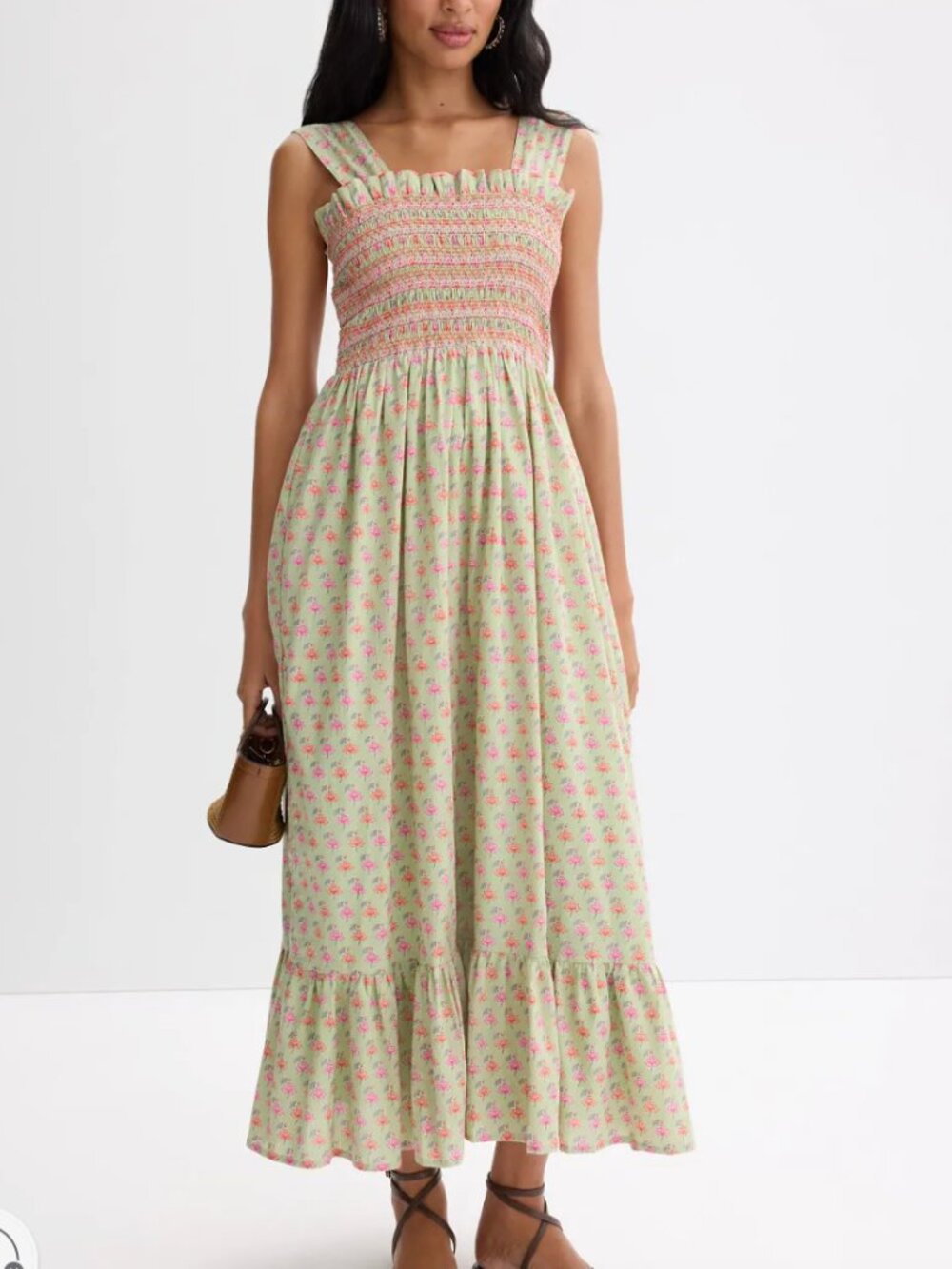 Mille Garden Dress Floral Midi Sleeveless Square Neck Green S